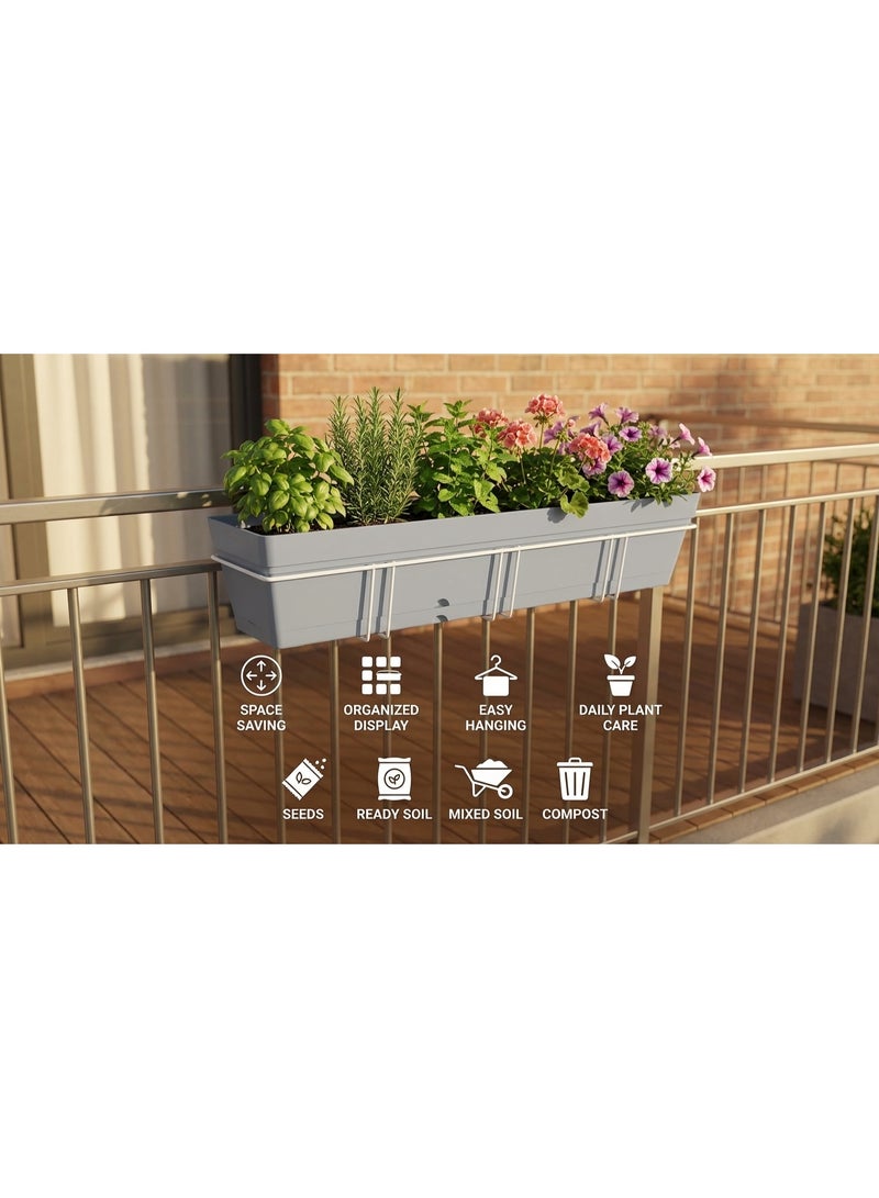 Rectangular Planter 50cm x 17cm with Built-in Saucer and Sturdy Metal Stand in White Coating for Balcony Hanging - Grey - Image 3