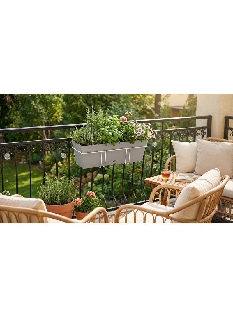 Rectangular Planter 50cm x 17cm with Built-in Saucer and Sturdy Metal Stand in White Coating for Balcony Hanging - Grey - Image 5