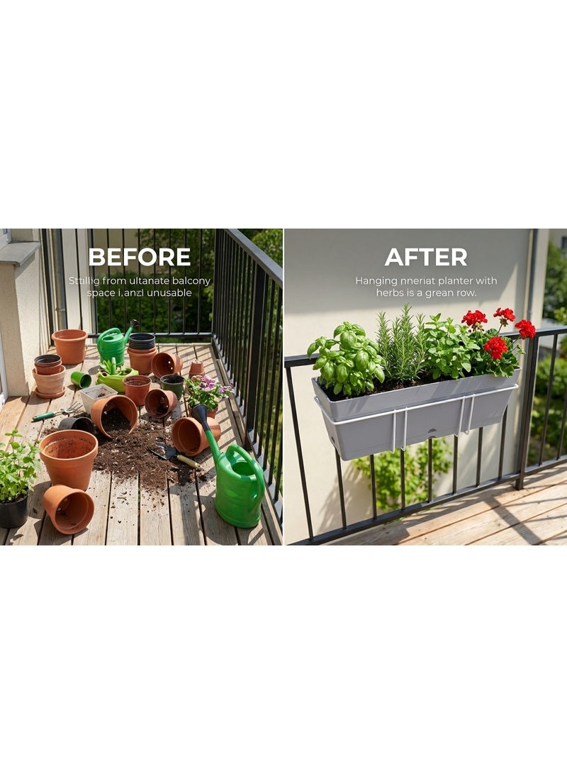 Rectangular Planter 50cm x 17cm with Built-in Saucer and Sturdy Metal Stand in White Coating for Balcony Hanging - Grey - Image 4