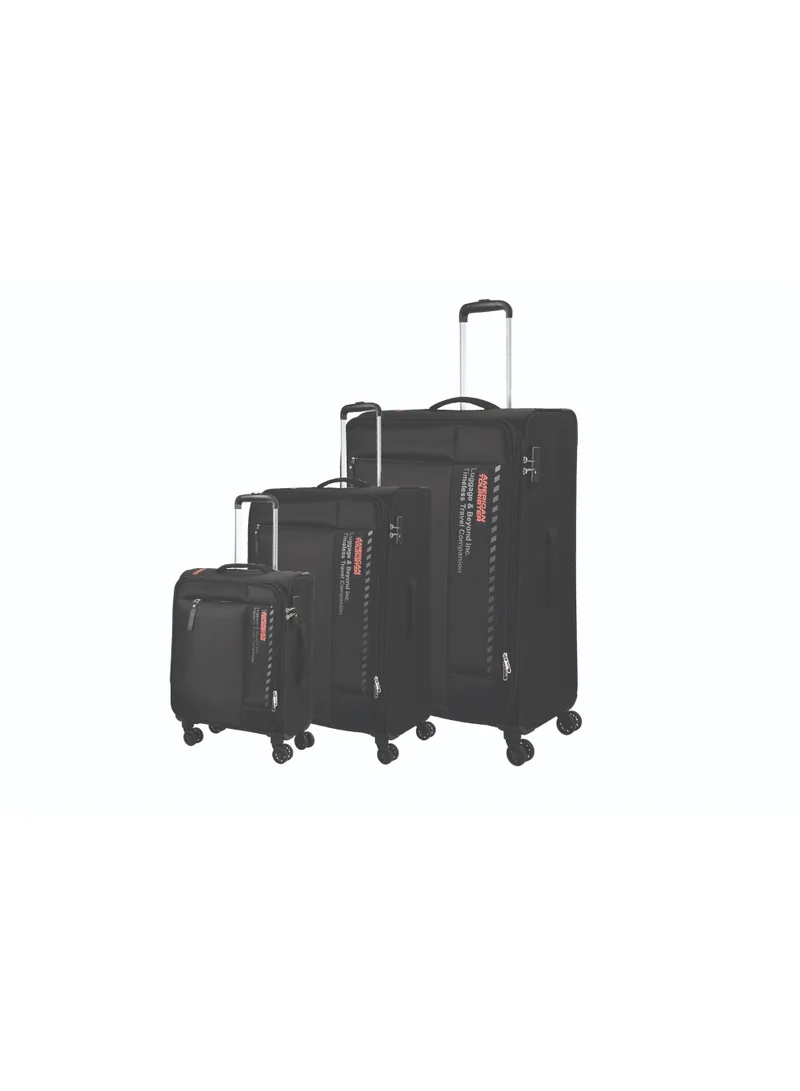 AMERICAN TOURISTER American Tourister Marina Suitcase, Set of 3, Cabin, Medium & Large (57 + 70 + 81 cm), 4 Spinner Wheels, Soft Top, 100% Polyester, Black|Inner Mesh Zippered Pocket|Expandable|Lightweight|Aluminum Handle - 3 Years Global Warranty