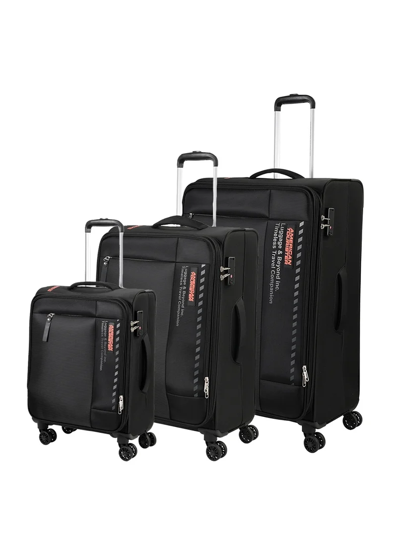 American Tourister Marina Suitcase, Set of 3, Cabin, Medium & Large (57 + 70 + 81 cm), 4 Spinner Wheels, Soft Top, 100% Polyester, Black|Inner Mesh Zippered Pocket|Expandable|Lightweight|Aluminum Handle - 3 Years Global Warranty