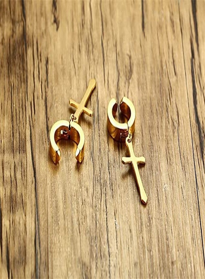 vien, Jewelry Jesus Cross Earring Stainless Steel Hoop Earring (GOLD) Stainless Steel Huggie Earring - Image 5