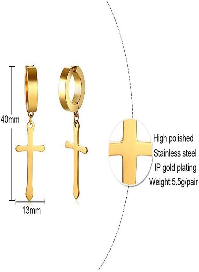 vien, Jewelry Jesus Cross Earring Stainless Steel Hoop Earring (GOLD) Stainless Steel Huggie Earring - Image 2