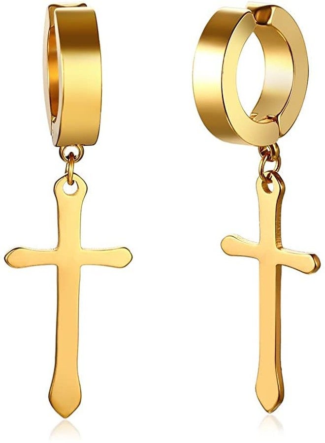 vien, Jewelry Jesus Cross Earring Stainless Steel Hoop Earring (GOLD) Stainless Steel Huggie Earring - Image 1
