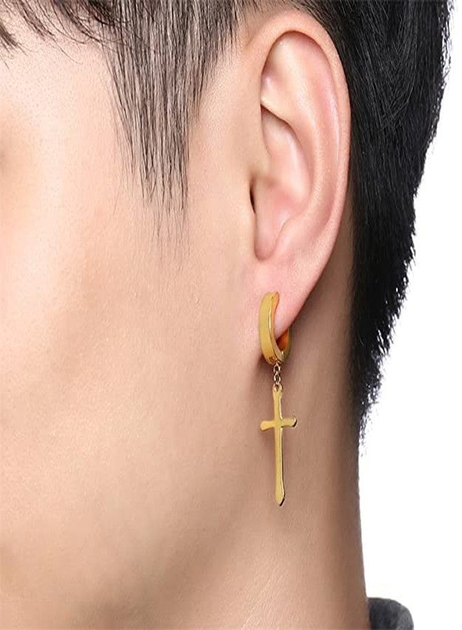 vien, Jewelry Jesus Cross Earring Stainless Steel Hoop Earring (GOLD) Stainless Steel Huggie Earring - Image 3