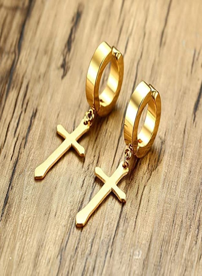 vien, Jewelry Jesus Cross Earring Stainless Steel Hoop Earring (GOLD) Stainless Steel Huggie Earring - Image 4