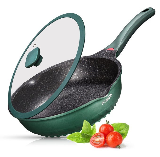 DEEP NONSTICK FRYING PAN WITH LID 3IN1 SAUT PAN SKILLET MINI WOK GREBLON CERAMIC COATING INDUCTION HOB SAFE STAINLESS STEEL BASE PTFE PFOA FREE GREEN 30 CM