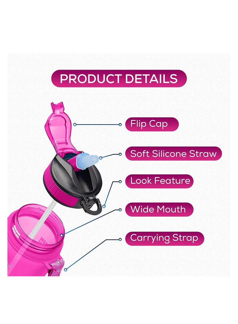 YONK Leakproof BPA Free Drinking Water Bottle with Time Marker & Straw to Ensure You Drink Enough Water Throughout The Day for Fitness and Outdoor Enthusiasts Pink - Image 2