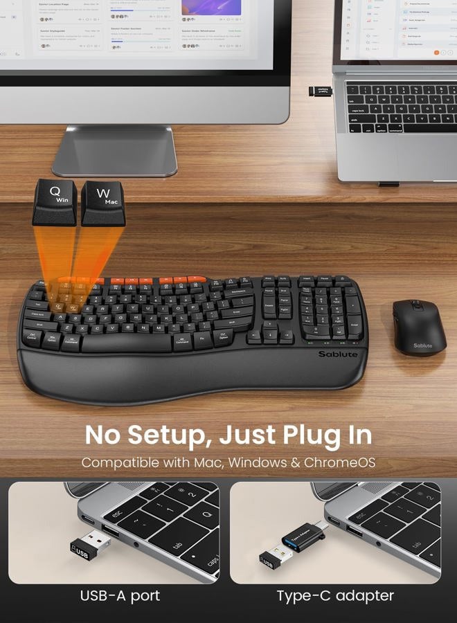 SABLUTE Ergonomic Wireless Keyboard and Mouse Combo, 2.4G Full Size Wave Key Board with Cushioned Palm Rest, Natural Typing, 3 DPI Adjustable Mouse, USB-A & C for Computer/Laptop/Mac/Tablet – Sablute - Image 5