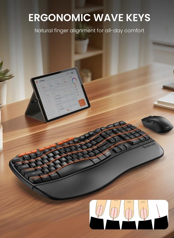 SABLUTE Ergonomic Wireless Keyboard and Mouse Combo, 2.4G Full Size Wave Key Board with Cushioned Palm Rest, Natural Typing, 3 DPI Adjustable Mouse, USB-A & C for Computer/Laptop/Mac/Tablet – Sablute - Image 2