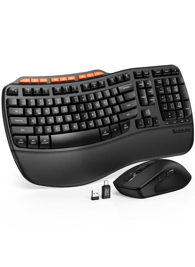 SABLUTE Ergonomic Wireless Keyboard and Mouse Combo, 2.4G Full Size Wave Key Board with Cushioned Palm Rest, Natural Typing, 3 DPI Adjustable Mouse, USB-A & C for Computer/Laptop/Mac/Tablet – Sablute - Image 1