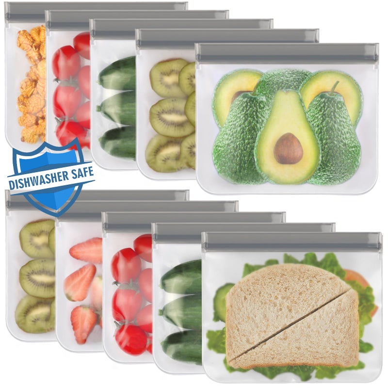 Lerine 10 Pack Reusable Sandwich Bags Dishwasher Safe, BPA Free Reusable Quart Bags, Extra Thick Leak-proof Freezer Bags for Marinate Meats, Cereal, Travel Items, Home Organization (Gray, 10 Sandwich) - Image 1