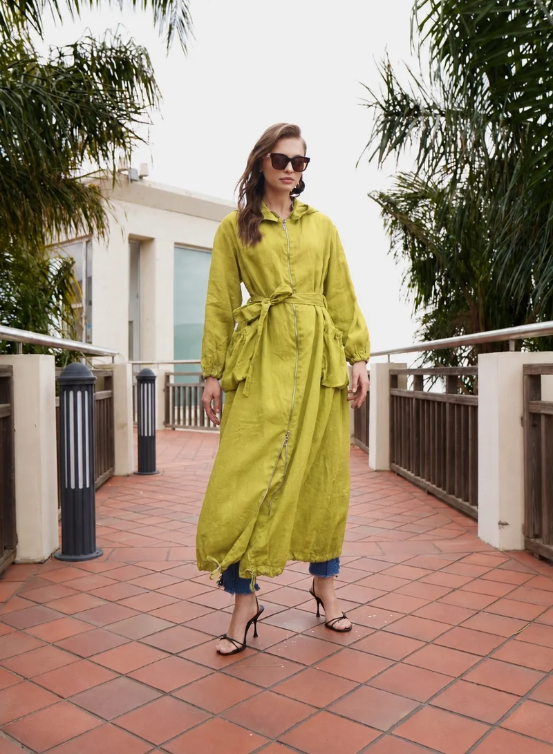 Belted Hooded Linen Overcoat - Yellow