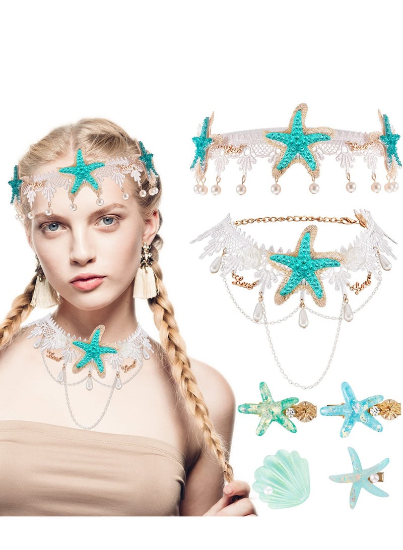 Excefore 6 Pcs Mermaid Costume Accessories Sea Star Starfish Hairbands Hair and Necklace Clip for  Women Girl Cosplay Party Supplies - Image 1