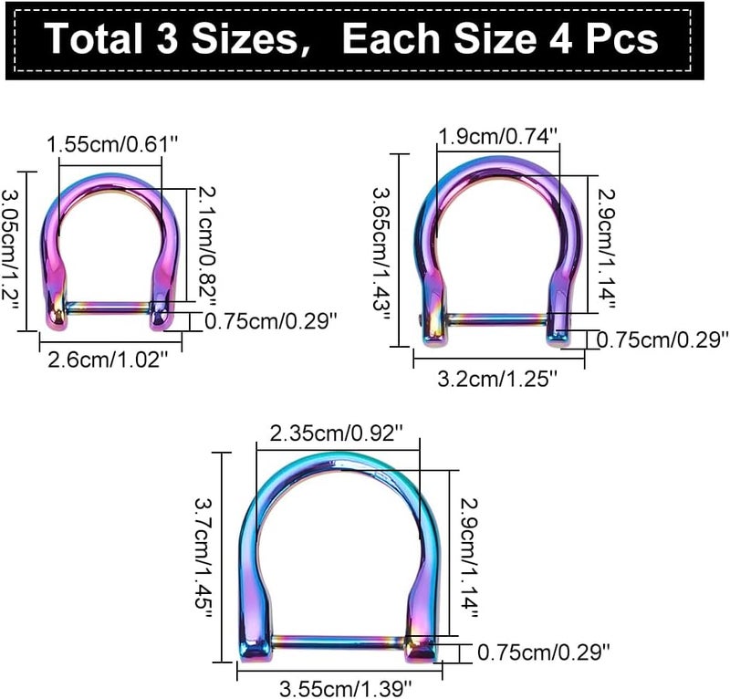 كلاراكو مجموعة من 12 حلقة على شكل حرف D ملونة من كلاركو مع برغي إغلاق، حلقات على شكل حرف D من سبائك معدنية مقاس 15.5/19/23.5 مم، مشابك حدوة حصان على شكل حرف U، حلقة على شكل حرف U لحامل المفاتيح، أدوات حرفية جلدية DIY - Image 2