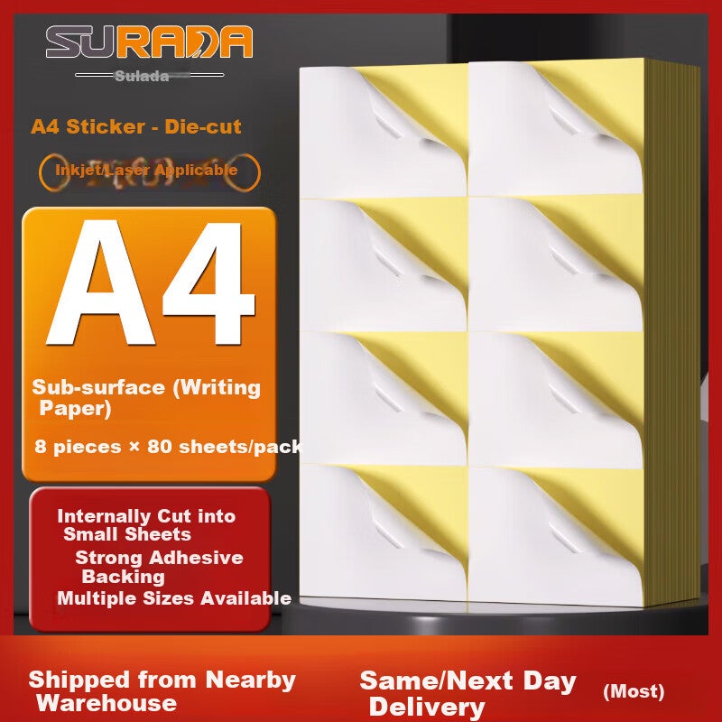 JD Jing Zao Surada A4/80 Self-Adhesive Printing Paper Divider, Label Sticker Self-Adhesive Paper, Inkjet Label Printing Sticker Right Angle 8 Pieces/sheet (10574.25mm) BQ-0023 - Image 1
