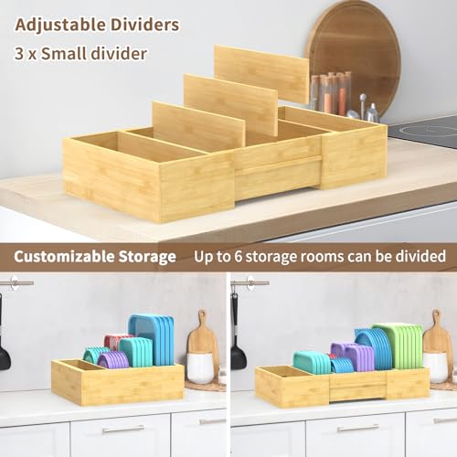 Retro Shaw Large Expandable Kitchen Lids Organizer for Cabinet, Covers, Pantry, Drawer & Countertop Storage, with 3 Adjustable Dividers, Hand-made Bamboo Food Container - Image 3