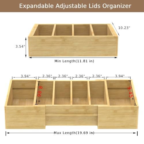 Retro Shaw Large Expandable Kitchen Lids Organizer for Cabinet, Covers, Pantry, Drawer & Countertop Storage, with 3 Adjustable Dividers, Hand-made Bamboo Food Container - Image 2