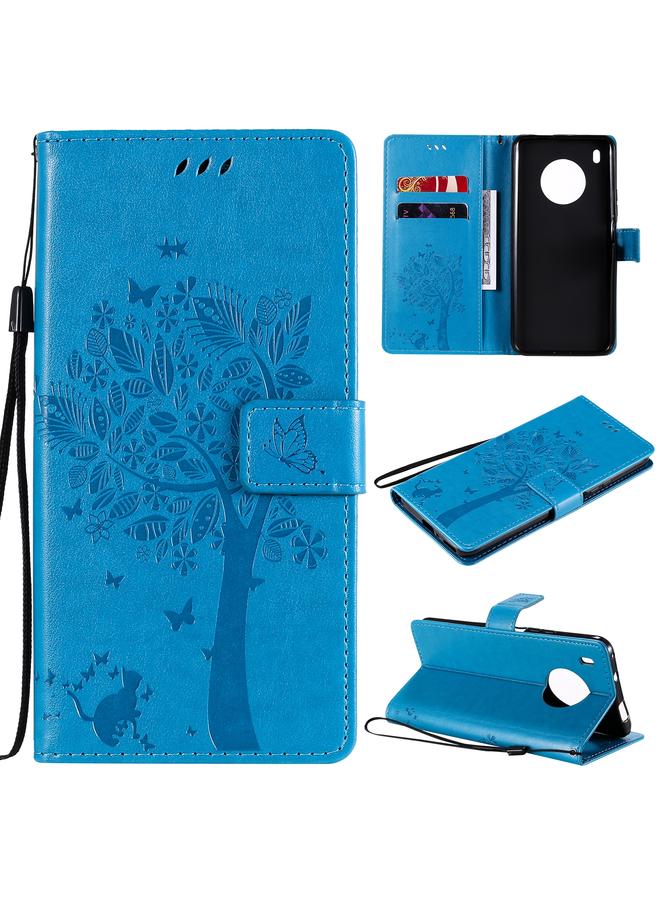 اس-توب جراب لهاتف Huawei Y9a بنقشة شجرة وقطة مطبوعة أفقيًا من جلد البولي يوريثان مع حامل وفتحات للبطاقات ومحفظة وحبل تعليق - Image 1