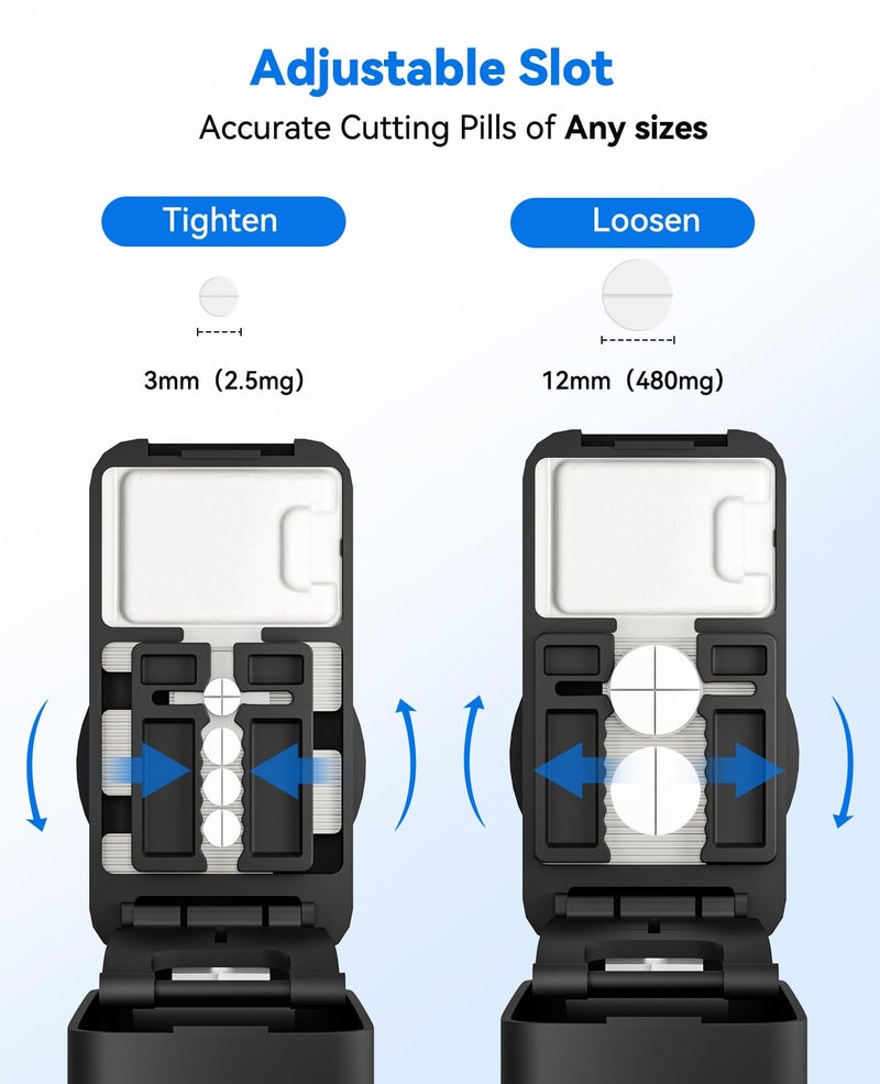 Cotatoc Pill Cutter Splitter for Small and Tiny Pills - Professional 1/2 1/4 Pill Splitter with Adjustable Centering Slot, Accurately Cut Multiple Tablets with Safety Blades & Silicone Storage Box (Black) - Image 3