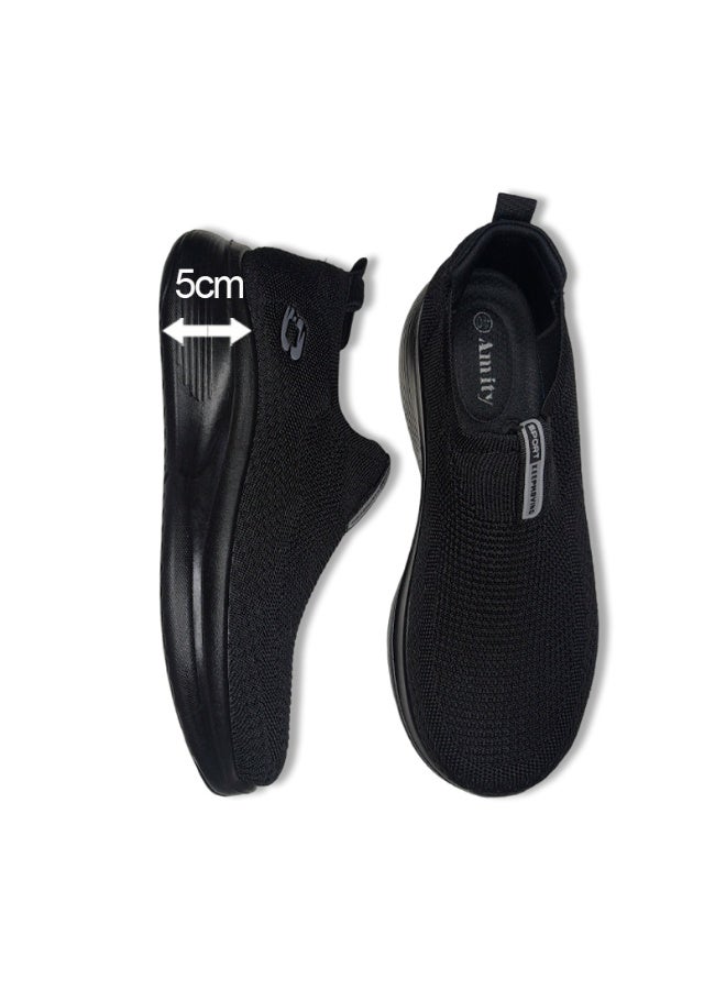 Amity Men 5cm Hidden Height Slip On Walking Shoes Hollow Breathable Knit EVA Cushion Non-Slip All Black Casual Sneakers - Image 4