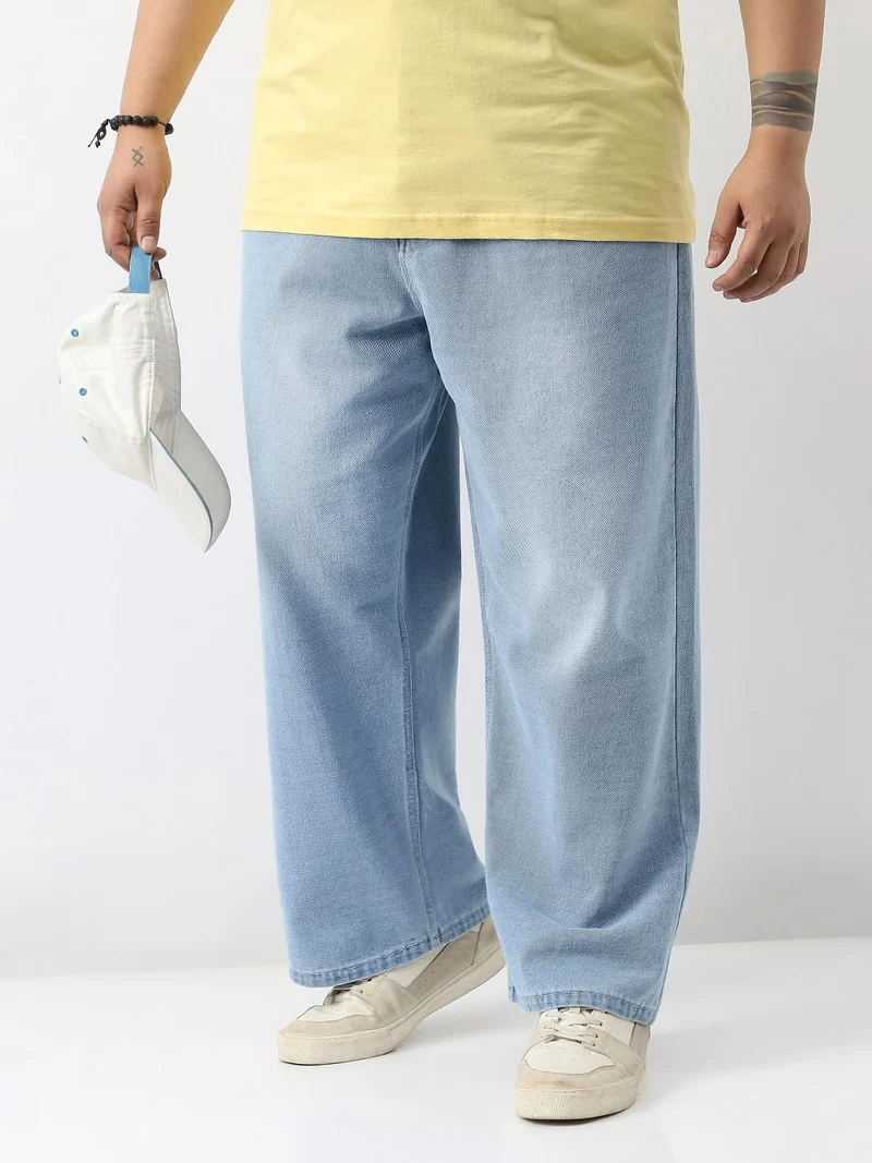 Urbano Fashion Urbano Plus Men's Ice Blue Loose Baggy Fit Washed Jeans Non-Stretchable