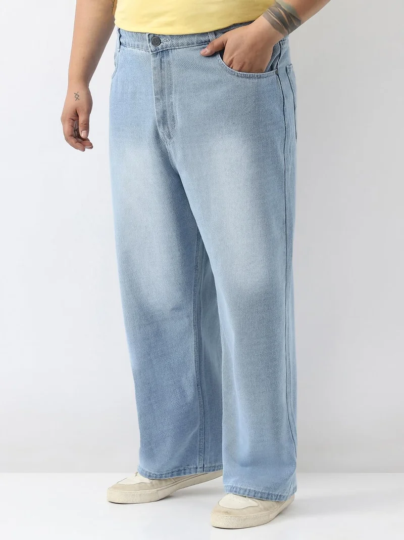 Urbano Fashion Urbano Plus Men's Ice Blue Loose Baggy Fit Washed Jeans Non-Stretchable