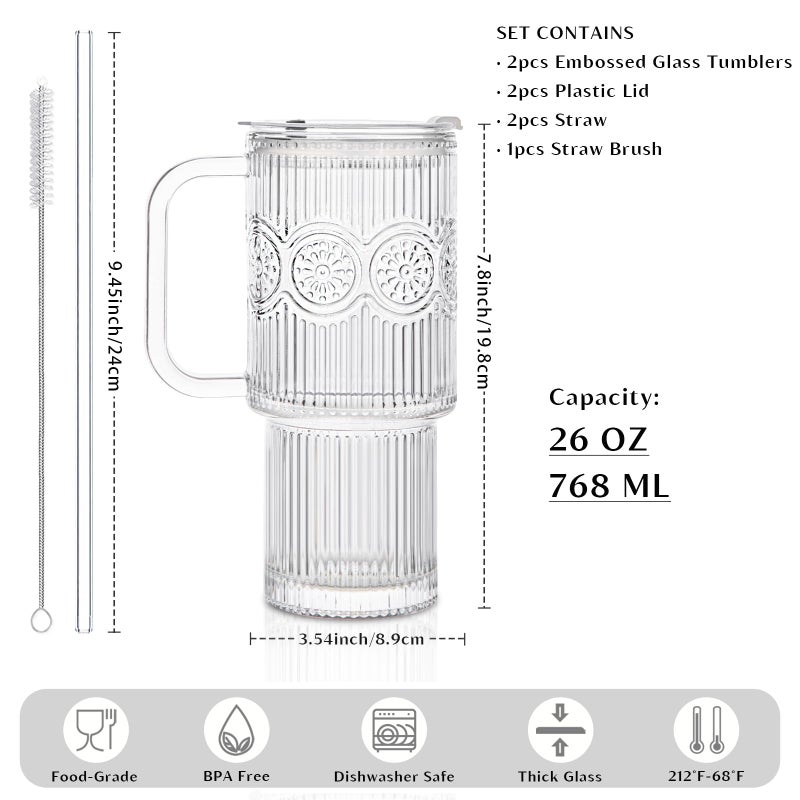 INSETLAN 26oz Ribbed & Floral Glass Tumblers with Handle and Lid, Set of 2 â€“Reusable Iced Coffee Cups with Straw, Glass Mugs for Water, Smoothies, Tea, and Juice â€“ Ideal for Travel & Daily Use - Image 2
