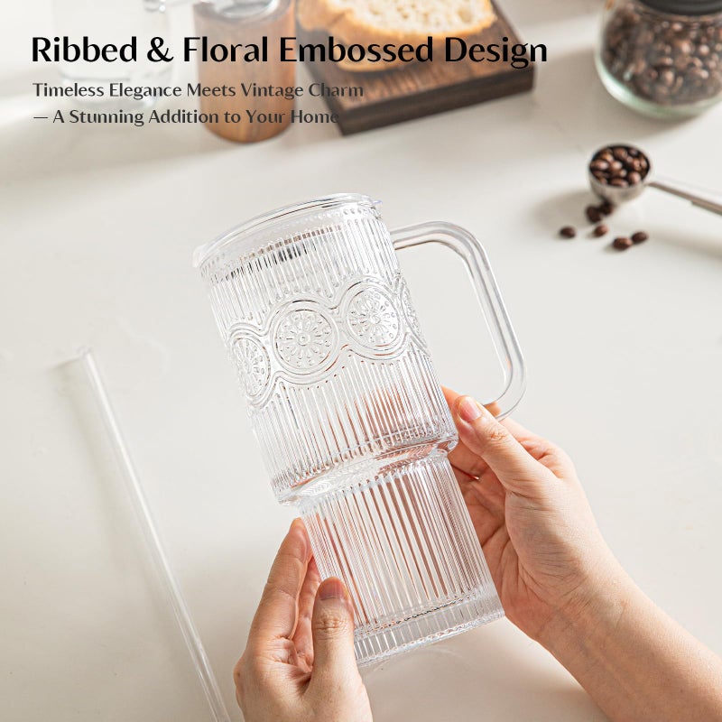 INSETLAN 26oz Ribbed & Floral Glass Tumblers with Handle and Lid, Set of 2 â€“Reusable Iced Coffee Cups with Straw, Glass Mugs for Water, Smoothies, Tea, and Juice â€“ Ideal for Travel & Daily Use - Image 4