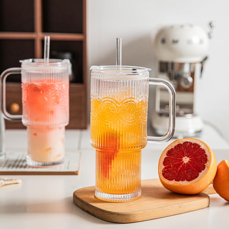 INSETLAN 26oz Ribbed & Floral Glass Tumblers with Handle and Lid, Set of 2 â€“Reusable Iced Coffee Cups with Straw, Glass Mugs for Water, Smoothies, Tea, and Juice â€“ Ideal for Travel & Daily Use - Image 3