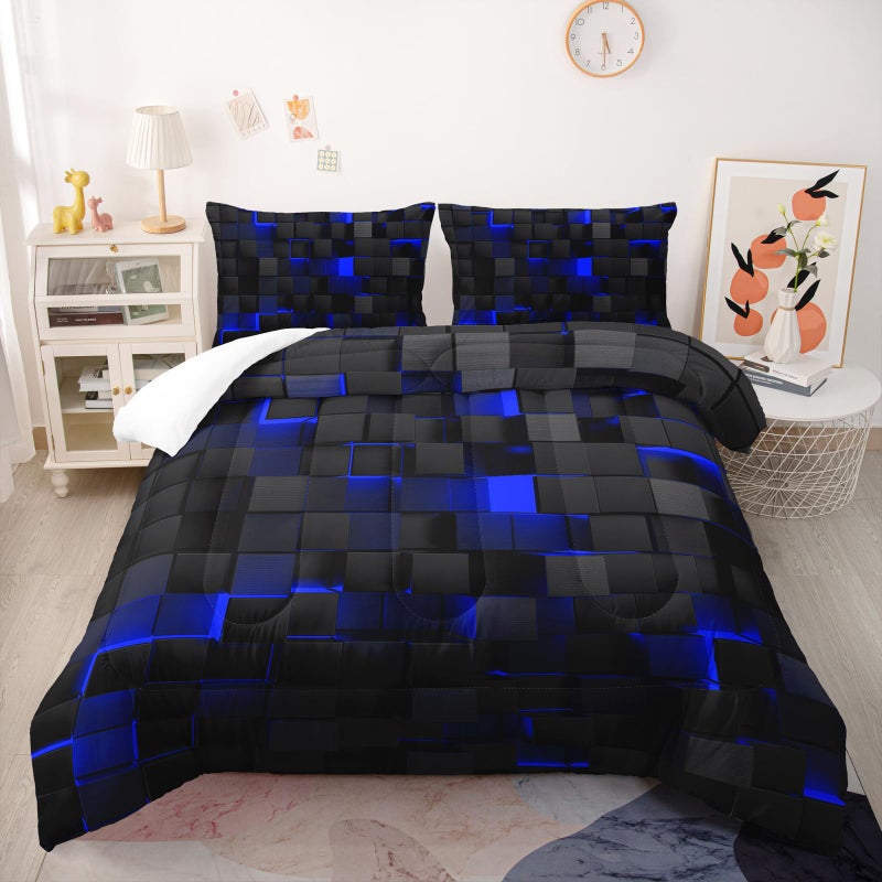 Nttopship Geometric Blue Black Comforter Set,Light Honeycomb 3 Piece Bedding Set Queen Size for Teen Boys,Modern Quilt Set Geometry Decor,Microfiber Lightweight 1 Comforter 2 Pillowcases All Season - Image 2