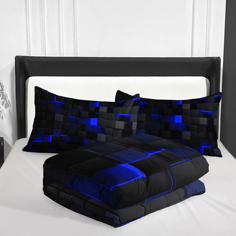 Nttopship Geometric Blue Black Comforter Set,Light Honeycomb 3 Piece Bedding Set Queen Size for Teen Boys,Modern Quilt Set Geometry Decor,Microfiber Lightweight 1 Comforter 2 Pillowcases All Season - Image 4