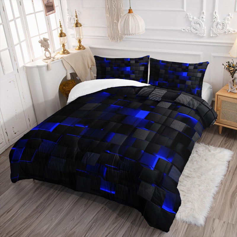 Nttopship Geometric Blue Black Comforter Set,Light Honeycomb 3 Piece Bedding Set Queen Size for Teen Boys,Modern Quilt Set Geometry Decor,Microfiber Lightweight 1 Comforter 2 Pillowcases All Season - Image 3