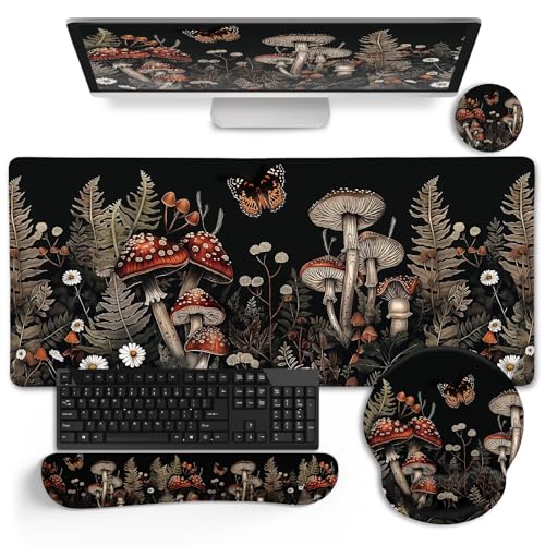 LIMKRIAN Mushroom Mouse Pad Set Large Desk Matt for Desktop Ergonomic Mouse Pad with Wrist Rest Gaming Mouse Pad Wrist Support Keyboard Mat Cup Coaster Set Office Desk Decor Accessories - Image 1
