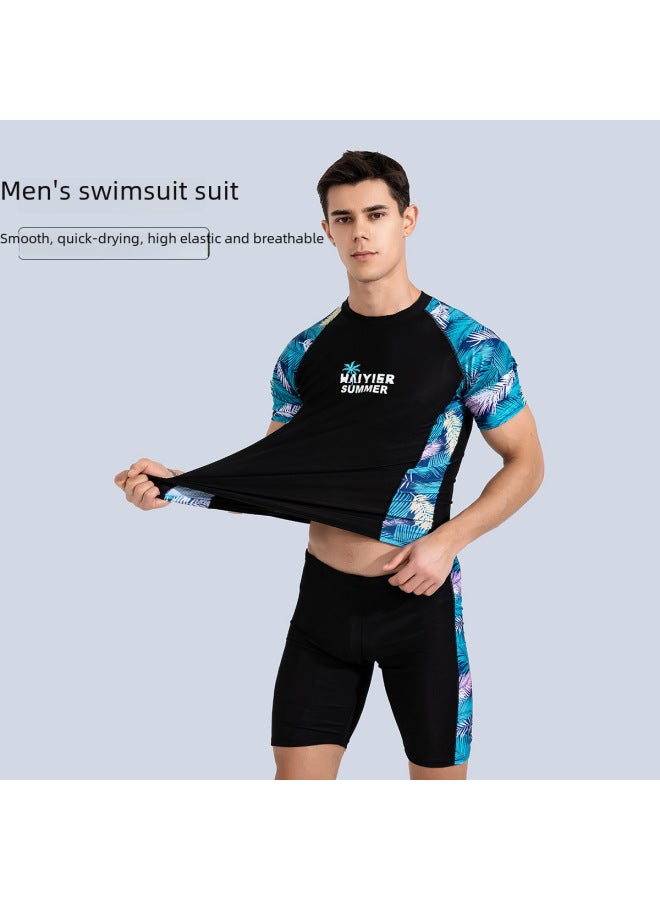 إسكدنيا بدلة سباحة رجالية مكونة من قطعتين 2023 بدلة سباحة رياضية صديقة للبشرة، ملابس سباحة ربيعية ساخنة بأكمام قصيرة، اللون: أسود ورمادي، مقاس مجموعة الباركيه: XL (55-65 كجم) - Image 4