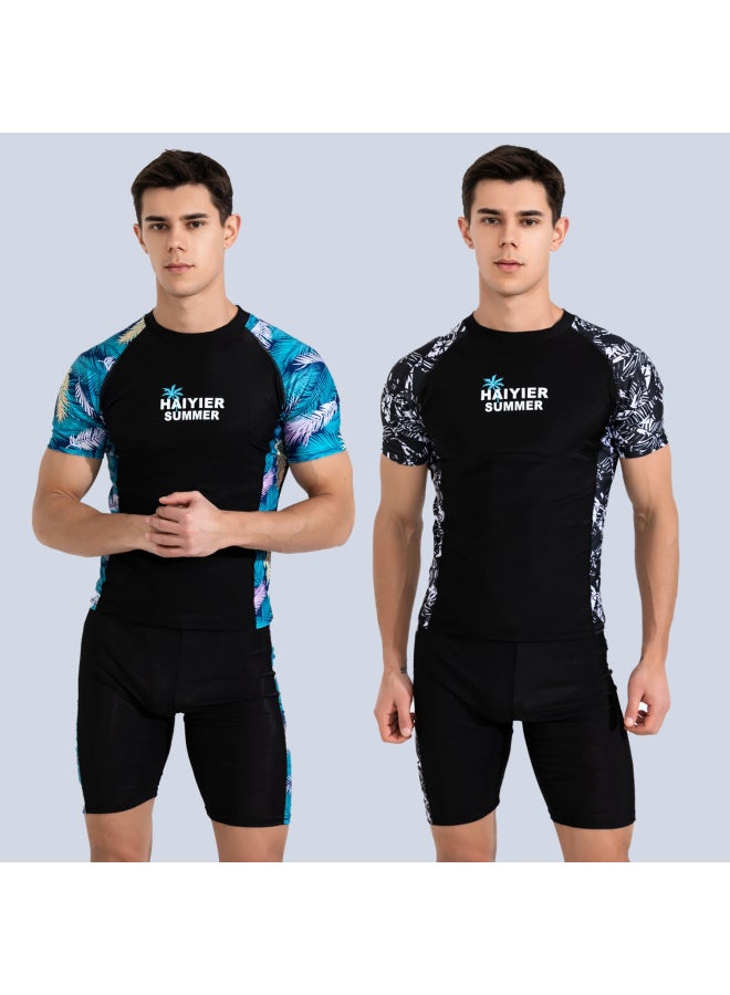 إسكدنيا بدلة سباحة رجالية مكونة من قطعتين 2023 بدلة سباحة رياضية صديقة للبشرة، ملابس سباحة ربيعية ساخنة بأكمام قصيرة، اللون: أسود ورمادي، مقاس مجموعة الباركيه: XL (55-65 كجم) - Image 2