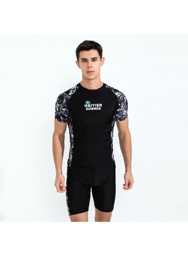 إسكدنيا بدلة سباحة رجالية مكونة من قطعتين 2023 بدلة سباحة رياضية صديقة للبشرة، ملابس سباحة ربيعية ساخنة بأكمام قصيرة، اللون: أسود ورمادي، مقاس مجموعة الباركيه: XL (55-65 كجم) - Image 1