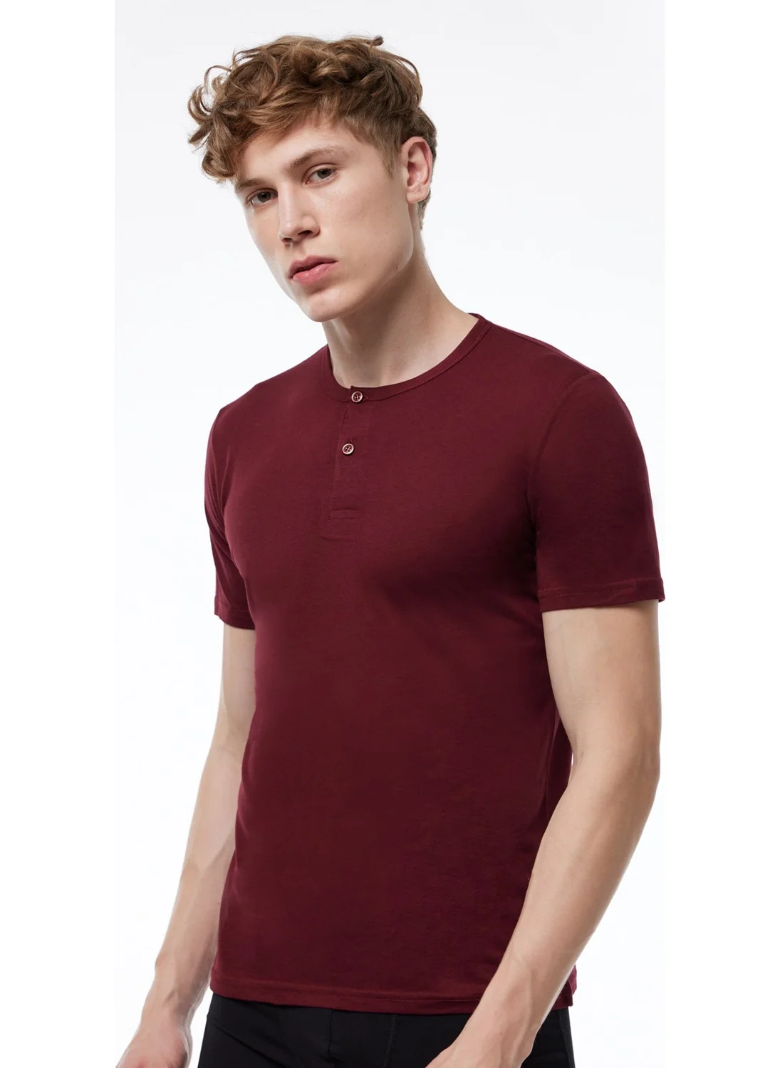 Malabadi Men's Burgundy Button-down Collar Thin Modal Summer Cool T-shirt 083
