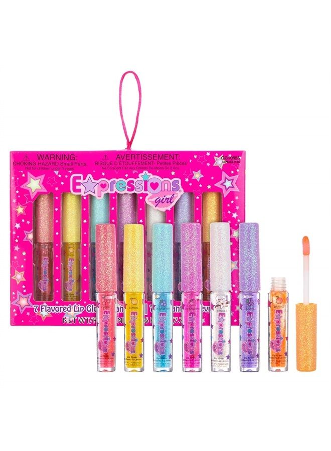 Expressions Girl مجموعة لامع الشفاه بنكهة الفواكه 7 قطع، مكياج شفاه لامع يدوم طويلاً للأطفال/المراهقين - لامع الشفاه بنكهات فواكه متنوعة، هدايا حفلات للفتيات المراهقات، مكياج غير سام للأطفال - Image 1