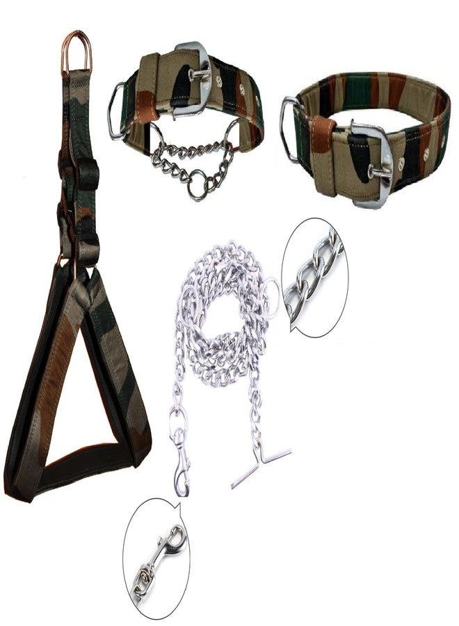 Hachiko:-(Combo of 4) Imported Nylon Padded Adjustable Dog Harness+Choke Collar+Collar+Chain(Large,Army) - Image 1