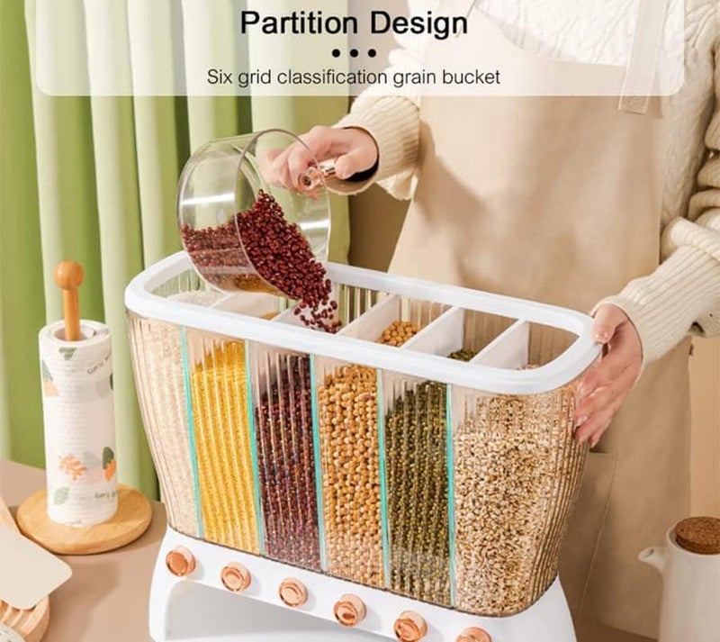BLURISM BLURISM 10KG Kitchen Rice and Grain 6compartment Storage Container Dry Food Dispenser For Grains Rice BeansKitchen Pantry Storage Container Countertop Organizer With Measuring Cup - Image 2