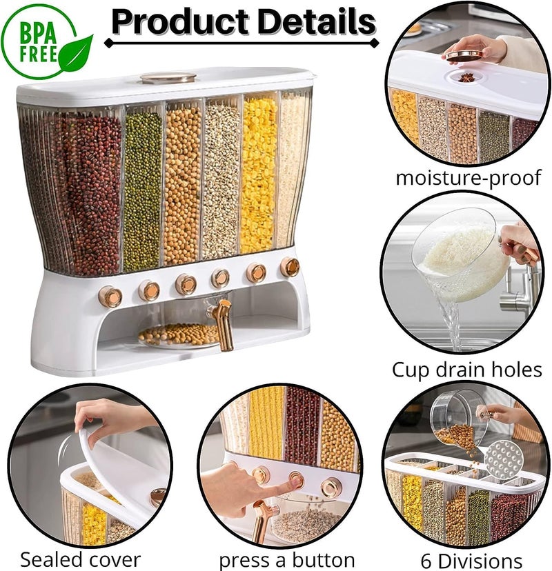 BLURISM BLURISM 10KG Kitchen Rice and Grain 6compartment Storage Container Dry Food Dispenser For Grains Rice BeansKitchen Pantry Storage Container Countertop Organizer With Measuring Cup - Image 4