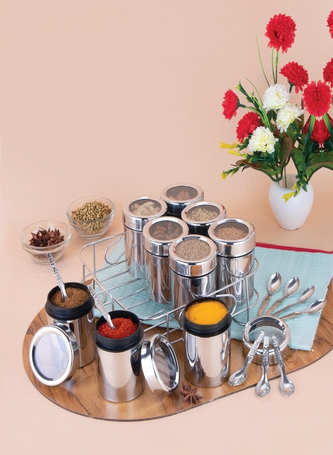 MILTLIFE Stainless Steel Masala Dabba Steel Masala Box For Kitchen | See Through Lid Steel Masala Dani | 9 Spice Containers with Stand - Image 3