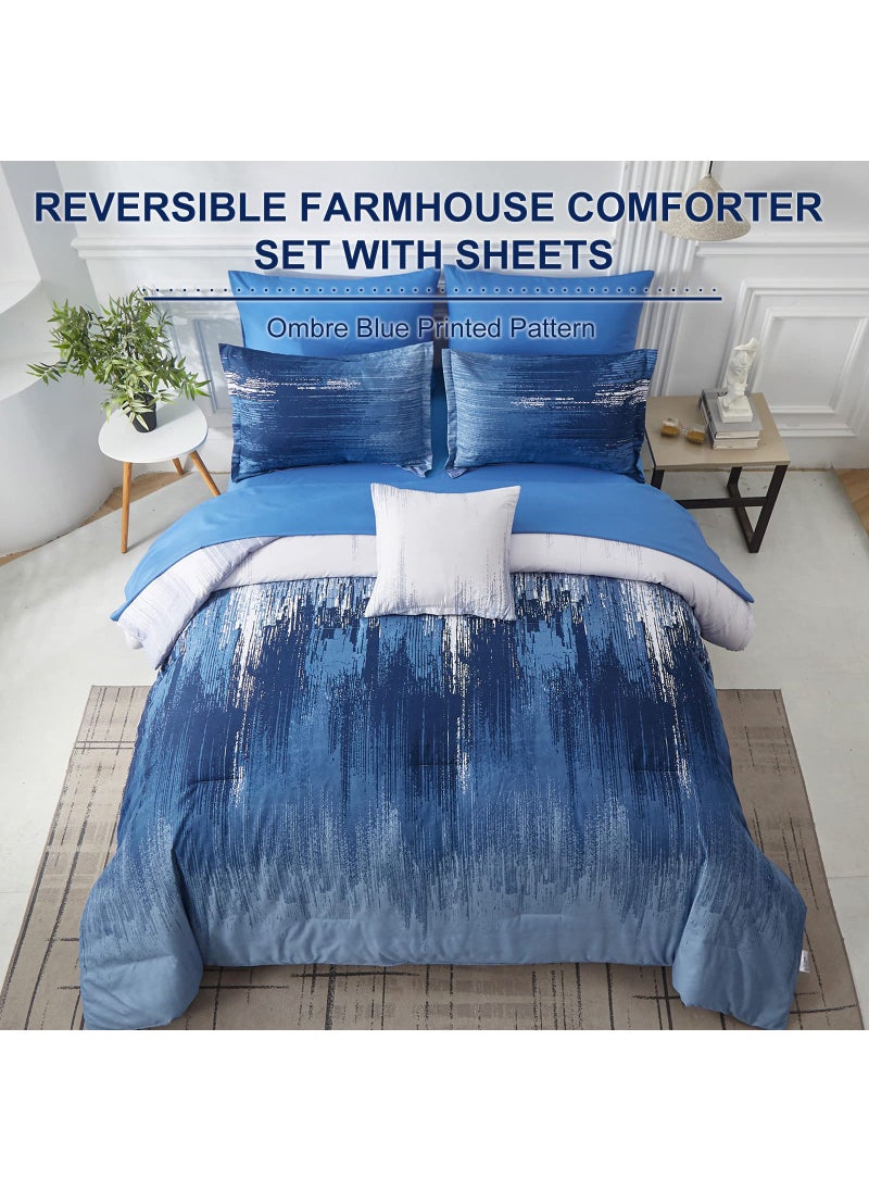 Dinjoy Dinjoy Ombre Blue Comforter Set Twin Size Reversible Gradient Blue Grey Boho Bedding Set for Men Women 7 Pieces Bed in A Bag Bohemian Bed Set with Comforter  Sheets  Pillowcases & Shams  - Image 3