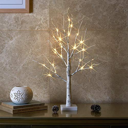 EAMBRITE Lighted Birch Tree Spring Decorations for Home White Birch Tree with Lights 24 LED Lighted Mini Money Tree Twig Tree Battery Operated with Timer Christmas Indoor Centerpiece Decor 2FT