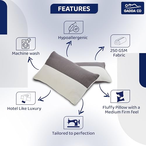 GADDA CO Hollow Fiber Sleeping Pillow with Zip | Set of 2 | Soft and Fluffy Bed Pillows | White & Grey | Regular Size 24 x 16 Inches | 6 Months Warranty | Microfiber Fill | Comfortable & Durable - Image 4