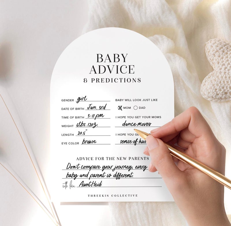 ThreeKin Collective Baby Shower Games Cards - 50 Baby Predictions and Advice Cards | 5x7 Inch Tall | Fun Gender Reveal Games for Boys & Girls | Perfect Baby Shower Game Set, US Owned Business - Image 4