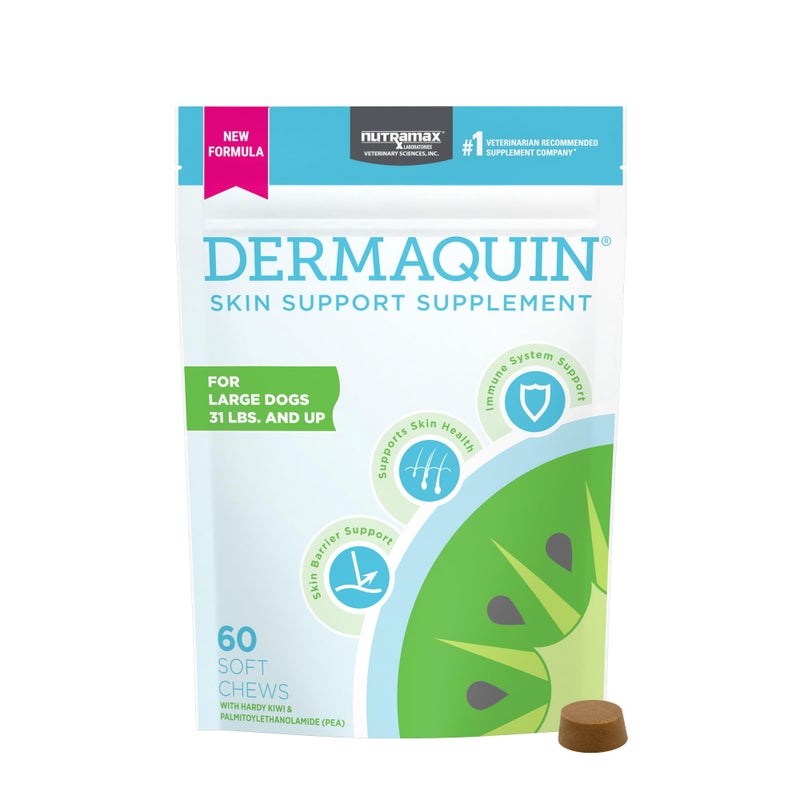 Nutramax Laboratories Nutramax Dermaquin Skin Support Supplement for Large Dogs, Supports Healthy Response to Allergens, with Hardy Kiwi, Omega-3s, and More, Tasty Soft Chews, 60 Count - Image 1