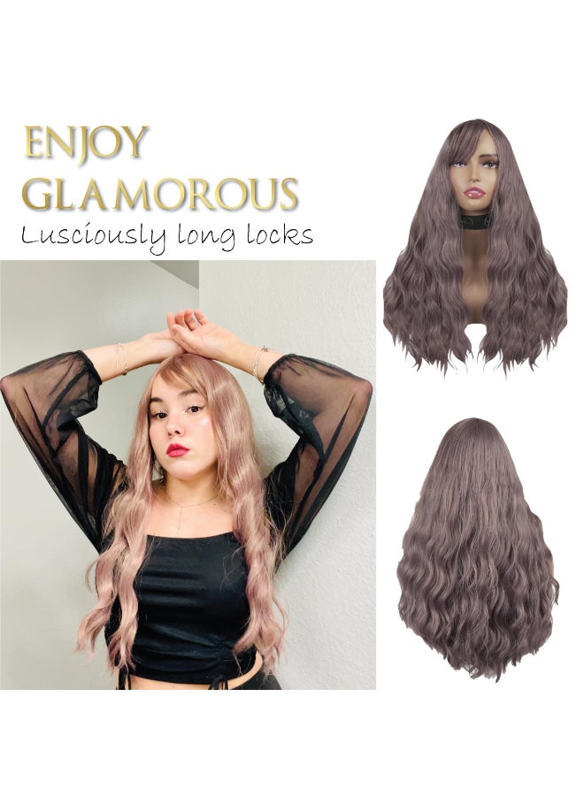SNAPPY Purple Wigs for Women Heat Resistant 24 Inch Long Purple Wig with Bangs for Easy Styling Synthetic Wavy Light Purple Wig for Cosplay Party Wigs and Daily Wear - Image 4