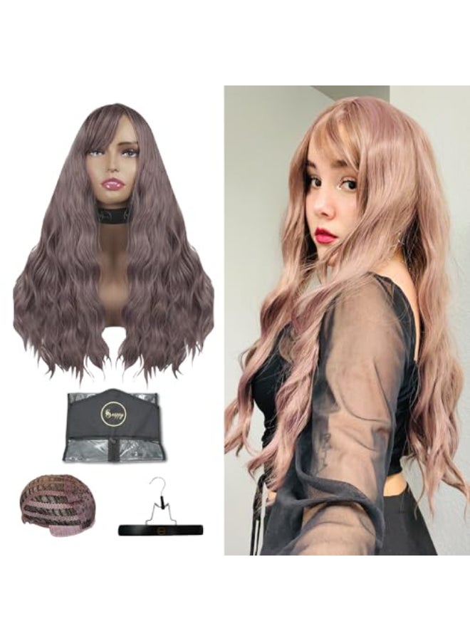 SNAPPY Purple Wigs for Women Heat Resistant 24 Inch Long Purple Wig with Bangs for Easy Styling Synthetic Wavy Light Purple Wig for Cosplay Party Wigs and Daily Wear - Image 1